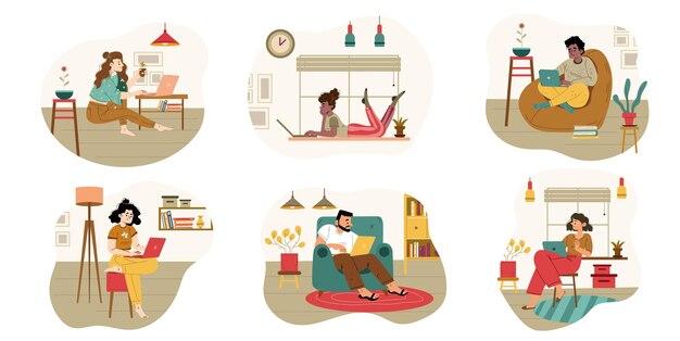 Los autónomos trabajan en personajes relajados de la oficina en casa.