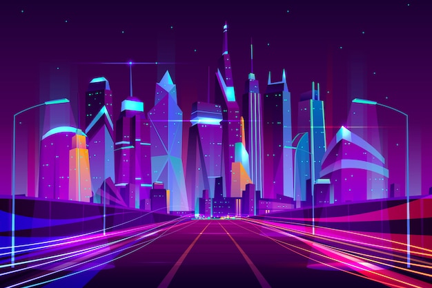 Autopista de la ciudad moderna en las farolas luz neón vector de dibujos animados