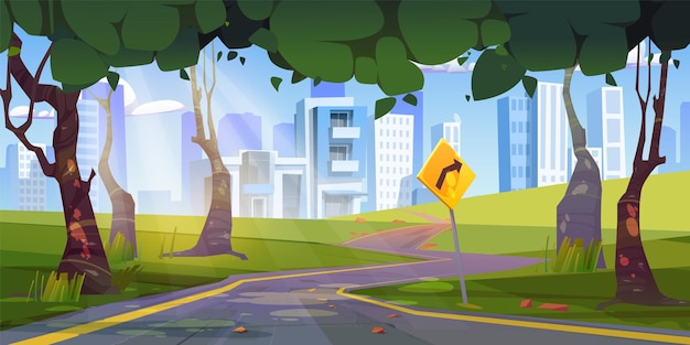 Autopista forestal de verano a la ciudad moderna Ilustración de dibujos animados vectoriales de la perspectiva de la carretera con señal de flecha de tráfico follaje verde en los árboles cielo soleado por encima del paisaje urbano moderno edificios urbanos en el horizonte