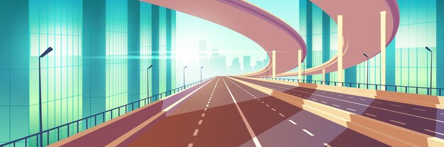 Autopista vacía de la ciudad moderna, vector de dibujos animados de cruce