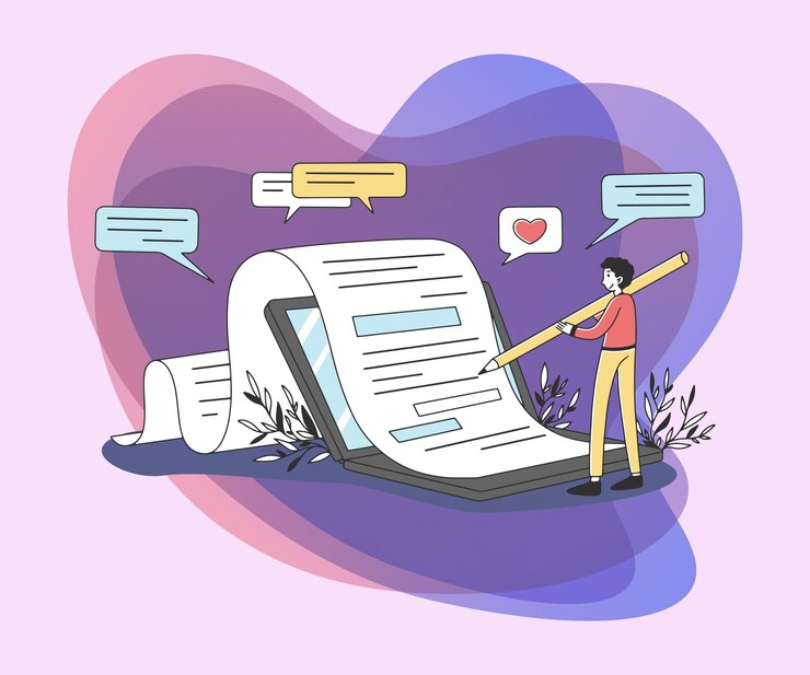 Vector gratuito autor de contenido escribiendo artículo creativo ilustración vectorial plana