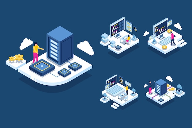 Las autoridades que trabajan en la sala del centro de datos que alojan la computadora del servidor, brindan servicios de información para negocios, ilustración del concepto isométrico