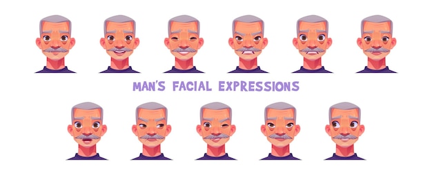 Vector gratuito avatar de anciano con diferente conjunto de vectores de expresión facial icono de cabeza de persona madura con guiño enojado feliz sorprendido y cara asustada colección de imágenes prediseñadas aisladas retrato humano con reacción de humor