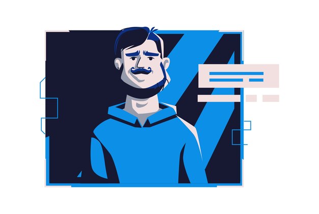 Avatar de gente moderna en ropa casual, ilustración de dibujos animados de vector. Hombre con rostro y cabello individuales, en marco digital claro en computadora azul oscuro, imagen para perfil web