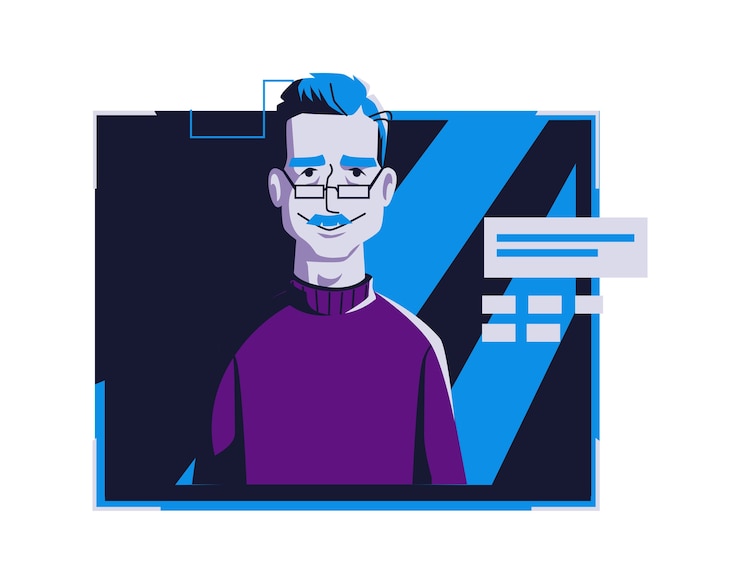 Vector gratuito avatar de gente moderna en ropa casual, ilustración de dibujos animados de vector. hombre con rostro y cabello individuales, en marco digital claro en computadora azul oscuro, imagen para perfil web