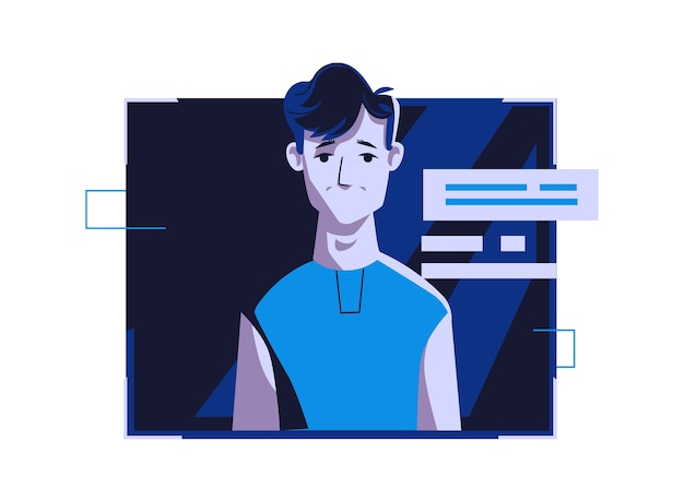 Avatar de gente moderna en ropa casual, ilustración de dibujos animados de vector. Hombre con rostro y cabello individuales, en marco digital claro en computadora azul oscuro, imagen para perfil web