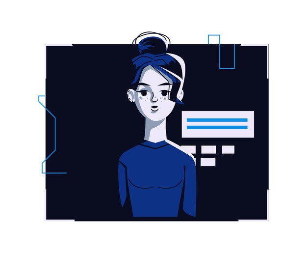Avatar de gente moderna en ropa casual, ilustración de dibujos animados de vector. Mujer con rostro y cabello individuales, en luz marco digital en equipo azul oscuro