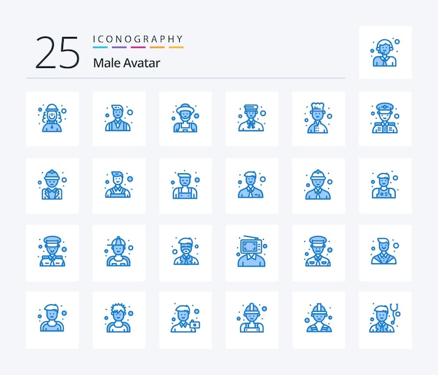 Vector gratuito avatar masculino 25 paquete de iconos de color azul que incluye avatar personas granjero niño avatar