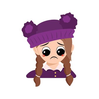 Avatar de niña con llanto y lágrimas emoción cara triste ojos depresivos en sombrero púrpura con cabeza de pompón