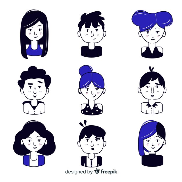 Avatar de personas dibujadas a mano negro y azul