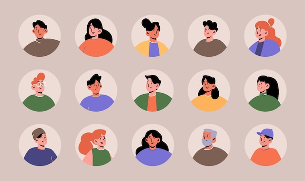 Avatares con cara de personas para redes sociales o perfil en la aplicación. colección plana vectorial de cabezas de hombres y mujeres en marco circular, retratos de personajes femeninos y masculinos con diferentes peinados