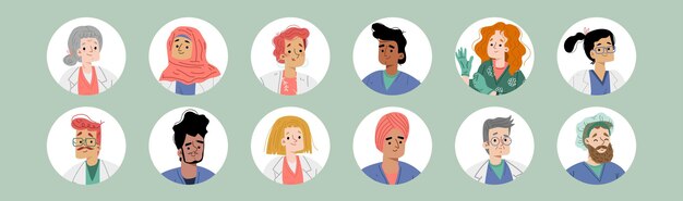 Avatares de médicos y enfermeras personas diversas.