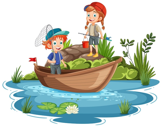 Vector gratuito la aventura de pesca de los niños en la naturaleza