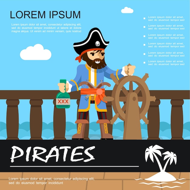 Aventura pirata plana colorida con pirata sosteniendo el timón del barco y una botella de ron ilustración