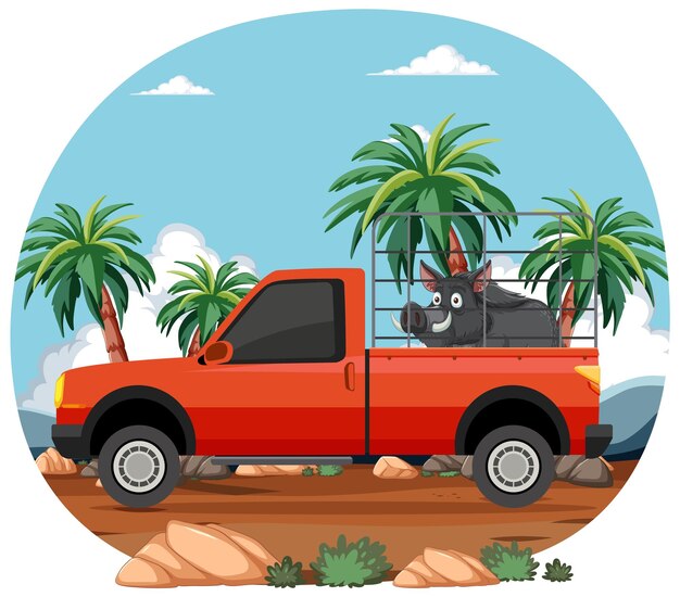 Vector gratuito aventura tropical con mascotas en una camioneta