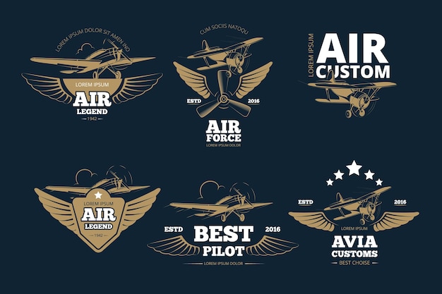 Vector gratuito aventuras de vuelo vector logos y etiquetas. air legend custom and force, mejor ilustración piloto