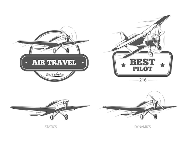 Vector gratuito aviación insignias logotipos y etiquetas de emblemas. aviones y avión, piloto y viajes, ilustración vectorial