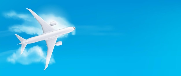 Vector gratuito avión 3d realista volando sobre fondo de cielo azul