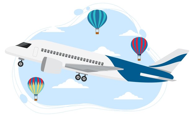 Avión en el cielo con globo en estilo plano
