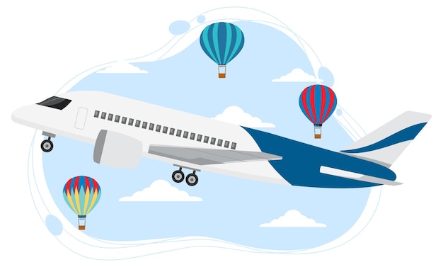 Avión en el cielo con globo en estilo plano