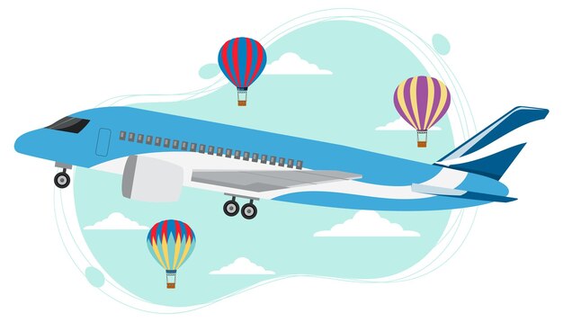 Avión en el cielo con globo en estilo plano