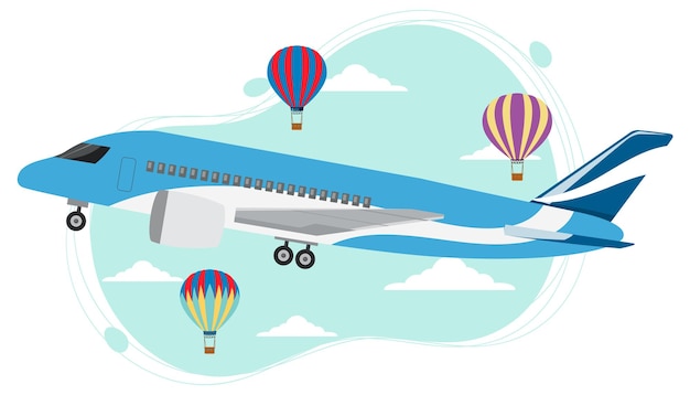 Avión en el cielo con globo en estilo plano