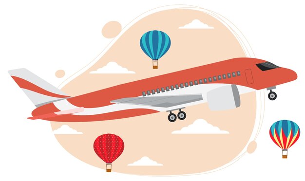 Avión en el cielo con globo en estilo plano