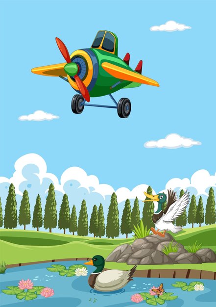Avión colorido volando sobre patos y estanques
