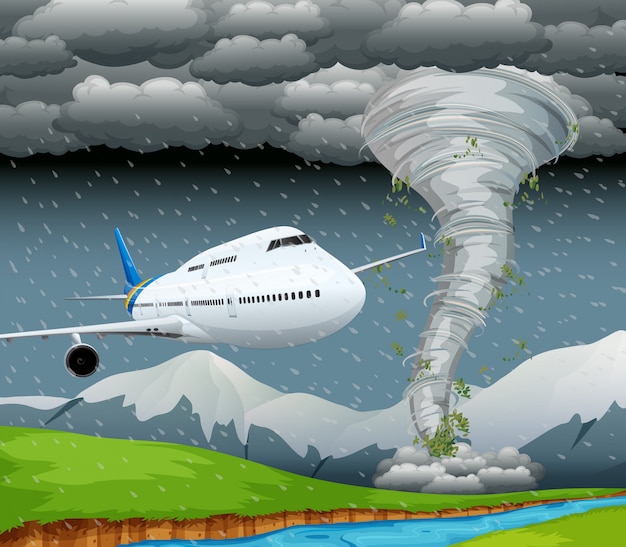 Vector gratuito avión en escena de tormenta