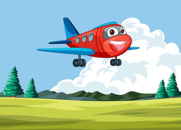 Un avión feliz volando sobre el campo