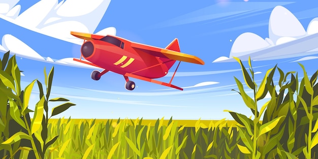 Vector gratuito avión fumigador de cultivos volando sobre el campo de maíz verde avión de la granja en el cielo nublado azul ...