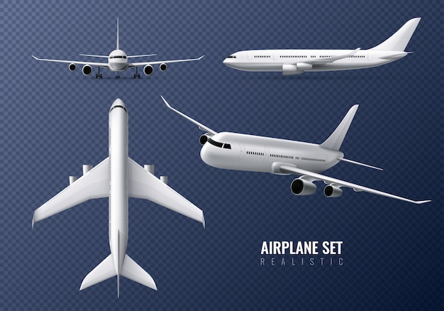 Avión de pasajeros conjunto realista en transparente con aviones en diferentes puntos de vista aislado