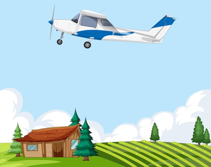 Vector gratuito avión pequeño volando sobre la cabina del campo