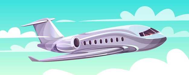 Avión volando en la ilustración del cielo del plano moderno de dibujos animados en las nubes para la agencia de viajes
