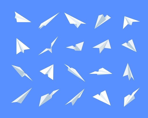 Aviones de papel voladores en el conjunto de ilustraciones vectoriales de dibujos animados de cielo azul. aviones blancos que vuelan en diferentes direcciones aislados en el fondo del aire azul. mensaje o icono de viaje. concepto de origami