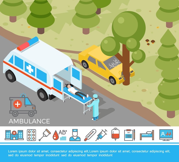 Ayuda médica isométrica con un médico de emergencia que hospitaliza al conductor después de un accidente y una colorida ilustración de iconos de medicina plana