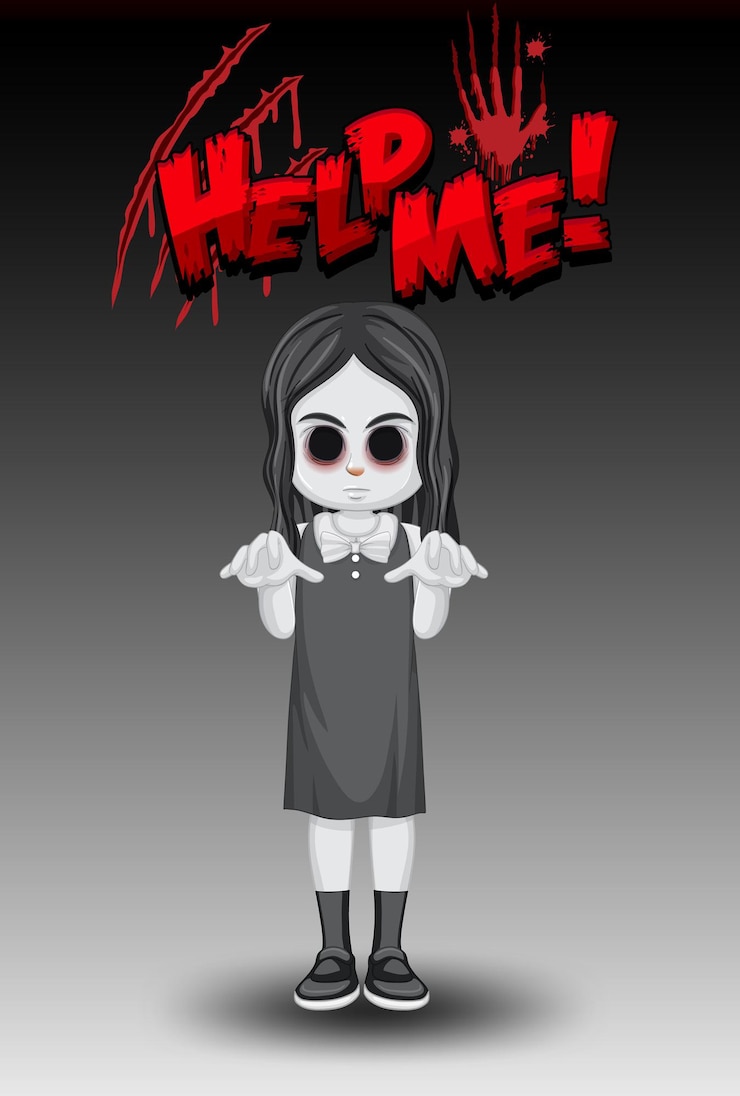 Vector gratuito ayúdame logo con niña fantasma con ojos negros
