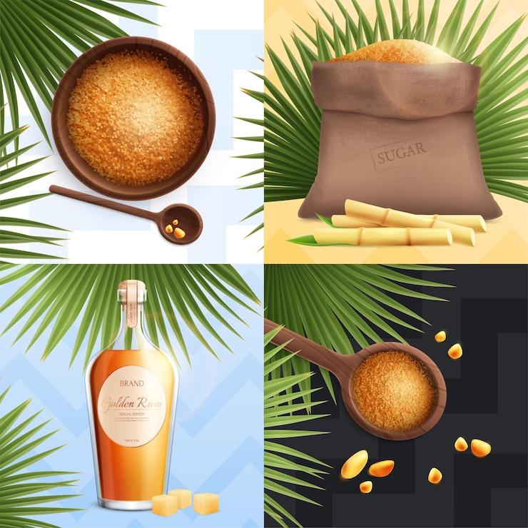 Vector gratuito azúcar de caña realista con cuchara de ron dorado con azúcar morena y bolsa grande