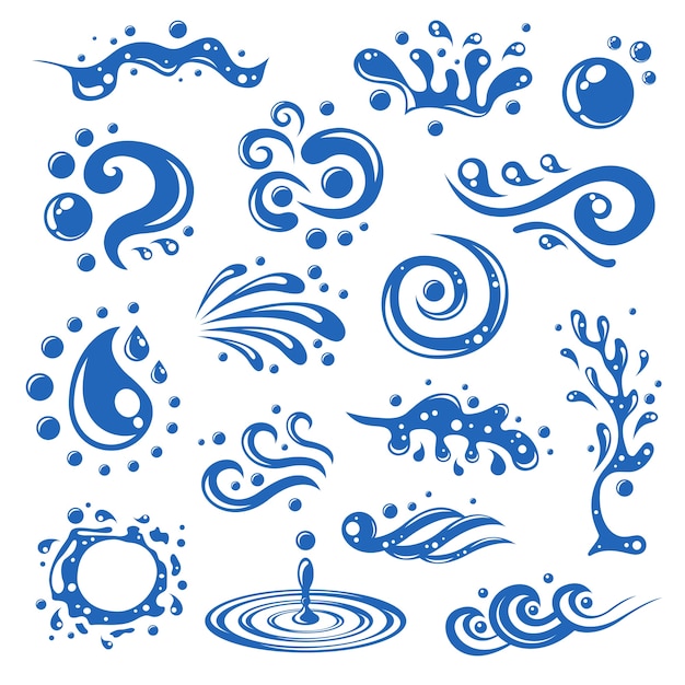 Azul, agua, salpicaduras, ondas, gotas, manchas, decorativo, iconos, aislado, vector