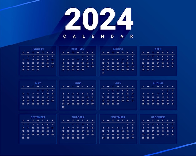 Vector gratuito azul oscuro 2024 año nuevo calendario inglés plantilla horario oficina tarea vector