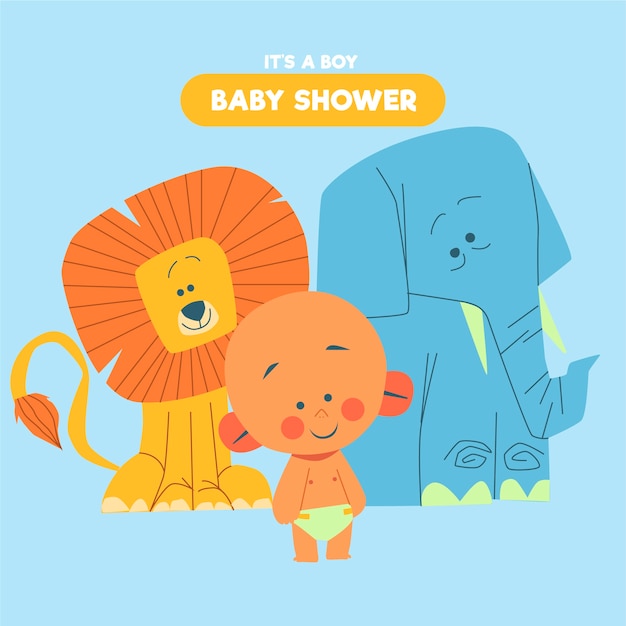 Vector gratuito baby shower (niño) con elefante y león