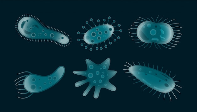 Bacterias microscópicas o virus en muchas formas