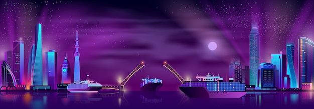 Bahía de la ciudad con fondo de vector de dibujos animados puente levadizo