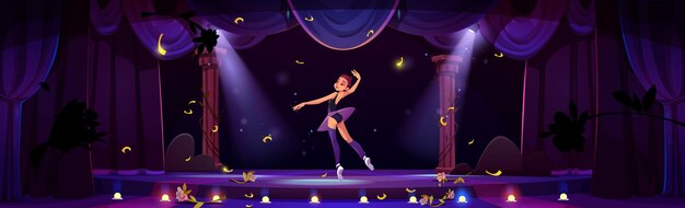 Bailarina actuando en el escenario del teatro Ilustración de dibujos animados vectoriales de una niña delgada bailando ballet en una escena oscura iluminada por reflectores flores y confeti dorado volando en el aire después del estreno