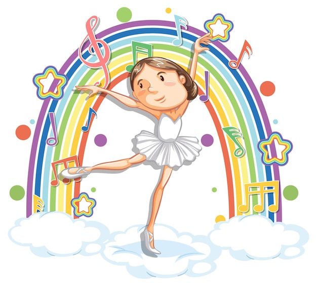 Bailarina bailando en la nube con símbolos de melodía en arco iris