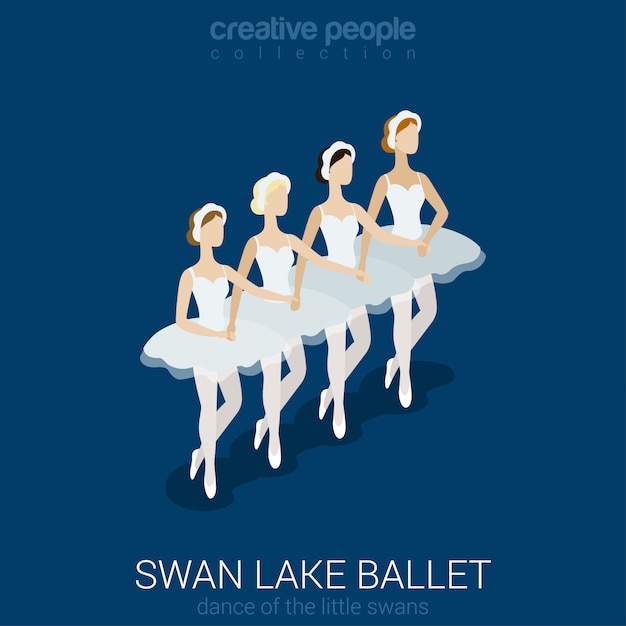 Vector gratuito bailarinas bailarinas ballet del lago de los cisnes danza de pequeños cisnes isométrica plana.