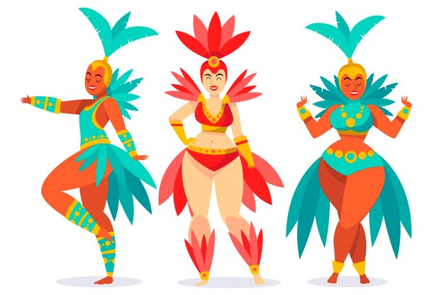 Bailarines de carnaval brasileño con colección de disfraces