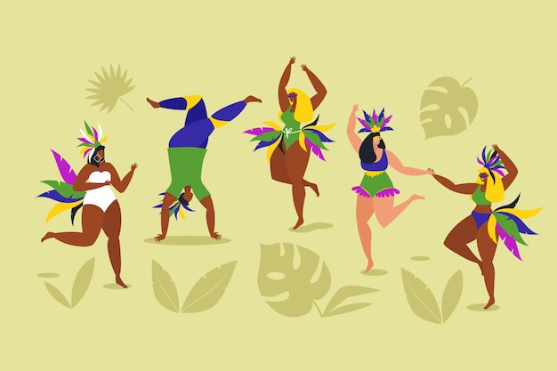 Bailarines de carnaval brasileño con sombras de hojas
