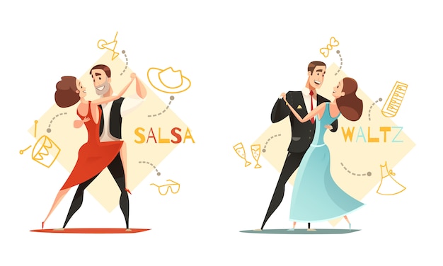 Vector gratuito baile el vals y la salsa parejas 2 plantillas de dibujos animados retro con el icono de accesorios delineado tradicional