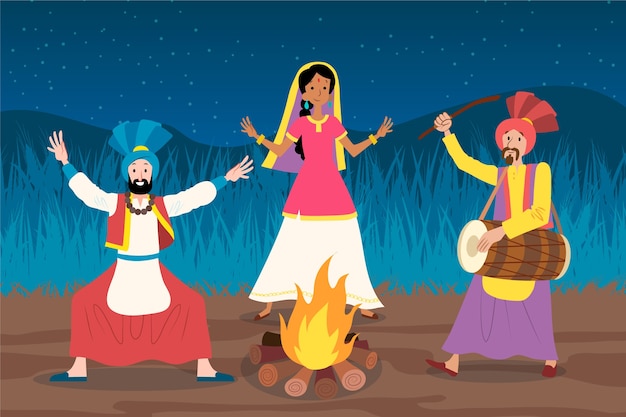 Vector gratuito baisakhi festival indio personas y fogata